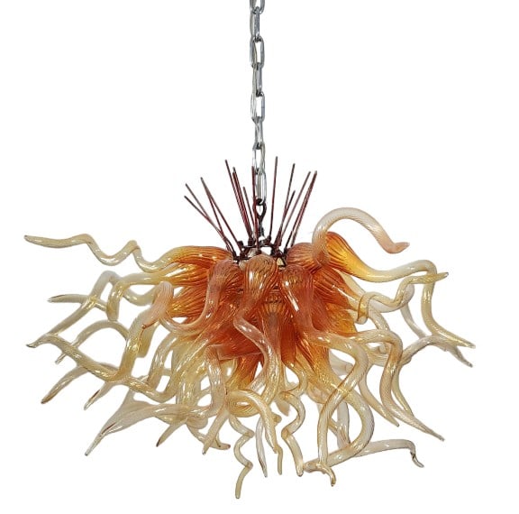 Chihuly Style Hornet Blown Art Glass Chandelier: Chihuly style blown glass chandelier, 24" chain attached. This piece is very similar to Dale Chihuly Hornet pieces, but we are unsure of the maker. Looks very similar to one sold in 2013 from the Pres