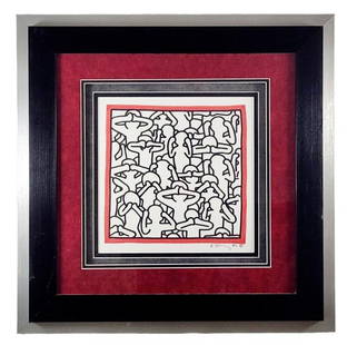 Keith Haring 1984 Ink on Paper: Believed to be either an original or an "after" Keith Haring ink on paper drawing. This untitled piece features a group image of Haring characters with signature and date along the edge of the drawing