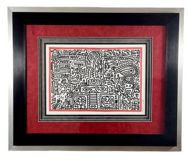 Keith Haring 1982 Ink on Paper: Believed to be either an original or an "after" Keith Haring ink on paper drawing. This untitled piece features an assortment of characters, animals, and televisions. Signature and date along the edge