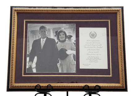 John F. Kennedy Inauguration Invite Jackie Signed: Framed invitation to the inauguration of President John F. Kennedy. The frame measures 27" wide x 20" in height. Includes a signature from Jacqueline Kennedy. See the photos provided for more informat