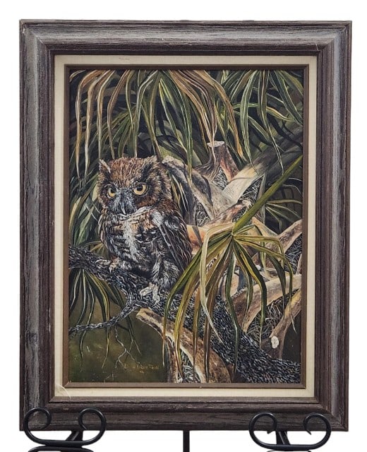 Linda K Della Original Owl Oil Painting: Original oil painting of an owl in the Florida brush by Linda K Della, 11 3/4" x 15 3/4" painting in a 16 1/2" x 20 1/2" frame.