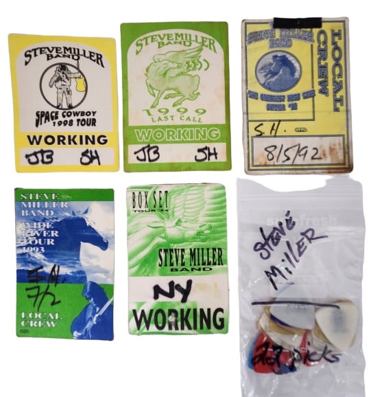 Steve Miller Band Crew Passes & Guitar Picks: Selection of 5 Steve Miller Band concert crew backstage passes, several from the early 90's , and a total of 22 concert and band used guitar picks, see photos for details on picks and tour dates.