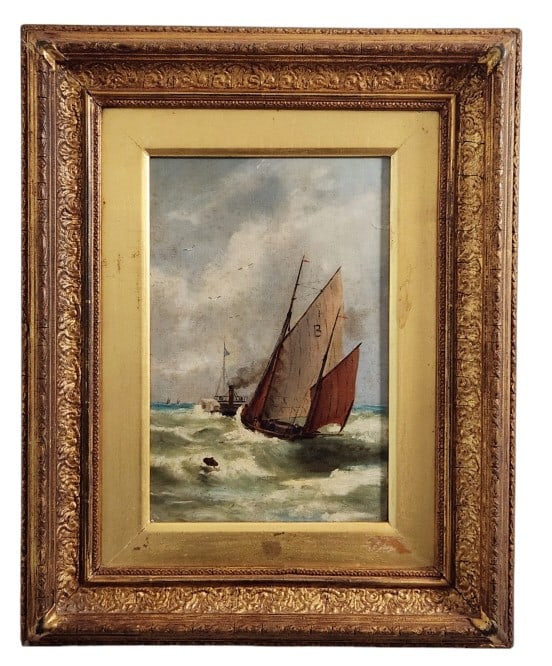 Antique Original Schooner Seascape Oil Painting (1 of 5)