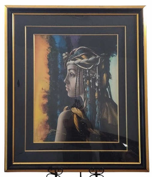 Martiros Manoukian Signed Song of Nile Serigraph: Limited edition serigraph titled "Song of the Nile" by Martiros Manoukian, hand signed and numbered 235/295. Displayed in a black and gold wood frame measuring 37 1/4" x 43 1/4" x 1 1/2" with a 21 3/4