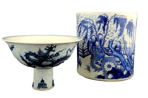 Chinese Blue & White Ceramic Pot & Pedestal Bowl (1 of 10)