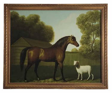 After George Stubbs Dungannon With Lamb Oil on Canvas: "Dungannon with Lamb" vintage original oil painting in the style of artist George Stubbs, featuring a horse with lamb next to it. 25" x 20" painting in a vintage 27 5/8" x 22 5/8" x 1 1/8" frame. Cond