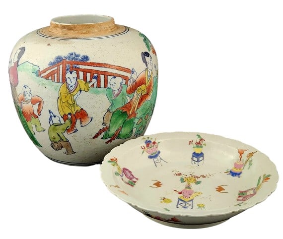 Chinese Five Color Ceramic Vase & Bowl (1 of 8)