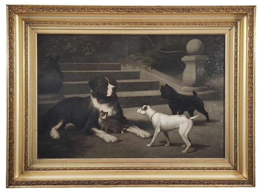 Vintage Canvas Print or Painting of Dogs and Cat (1 of 5)