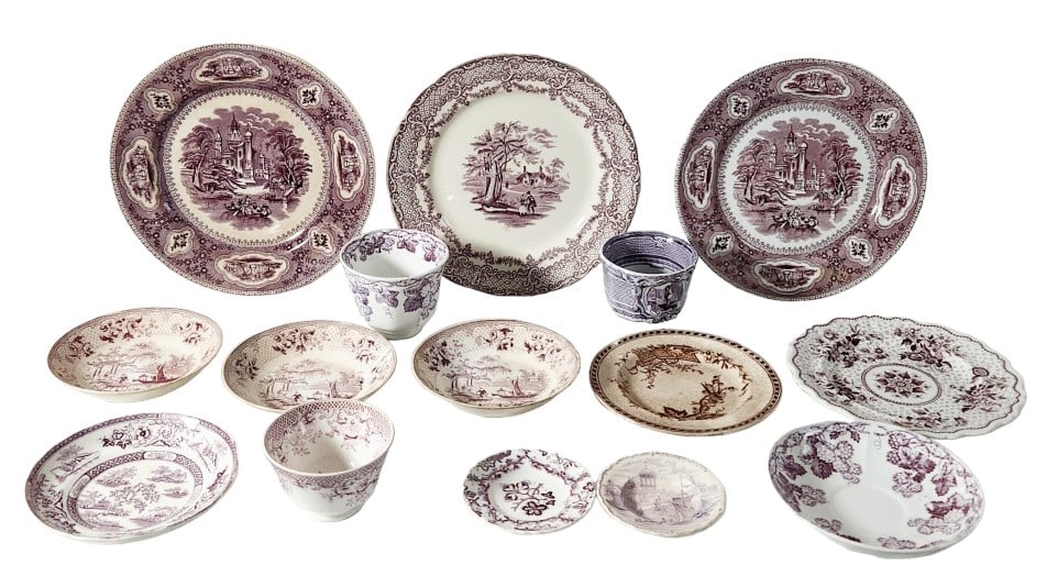 Vintage Blueberry & Mulberry Transferware: Collection of vintage or antique Mulberry and Blueberry porcelain transferware dishes, 15 pieces in total. Some normal signs of age and wear. No major damage that we see. Please see the photos provide