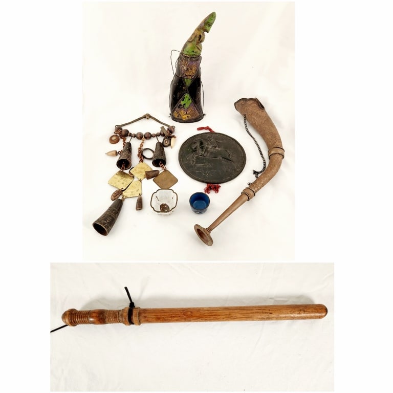 Cultural Items Horns Carvings Decor Billy Club: Selection of cultural decor pieces including a neat powder horn, antique chime, and a baton with a leather tie. Please see the photos provided for size and condition details.