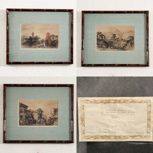 Thomas Allom Antique Tinted Engravings Framed: Up for auction are three antique hand-tinted engravings by Thomas Allom in vintage bamboo frames ; "Melon Islands and Irrigating Wheel", Ancient Tombs Near Amay (1830), and "Scene on the Hunan Canal N