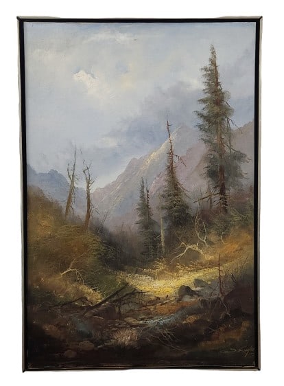 Vintage Artist Signed Mountain Landscape Painting: Artist signed original canvas mountain landscape oil painting on canvas. 25 1/8" x 37 1/4" x 1 1/2" frame. Some mold spotting on the back of the canvas.