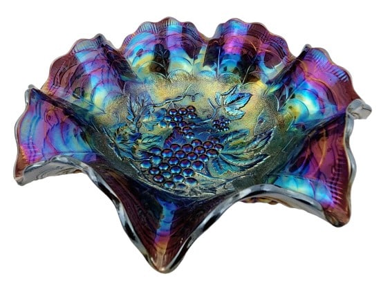 Imperial Carnival Glass Grape Cluster Ruffled Bowl (1 of 6)