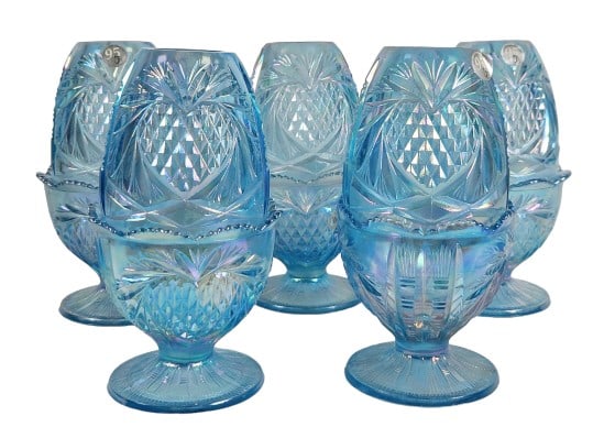 5 Fenton Blue Strawberry Heart Glass Fairy Lamps: Ice blue iridescent glass. Measures 4" W x 7" H x 4" D. Weighs 3 lbs. total.