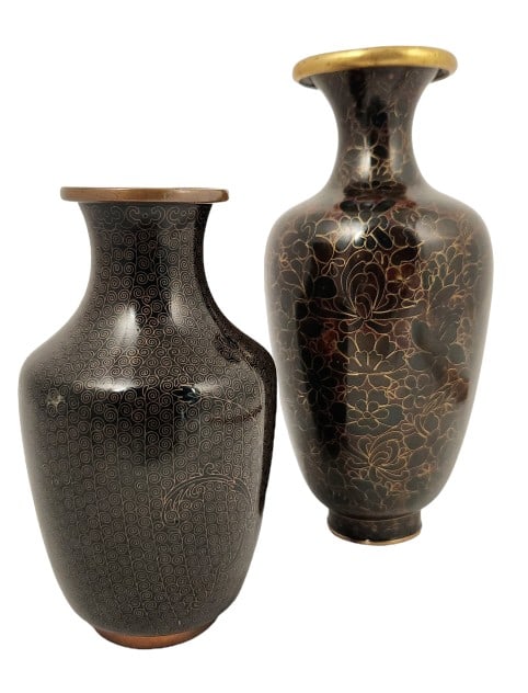 Pair of Dark Brown Cloisonne Vases: Measures 4" W x 8 1/4" H x 4" D, 3 1/2" W x 6 1/8" H x 3 1/2" D. Weighs 1.75 lbs together.