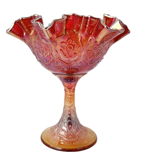 Fenton Persian Medallion Glass Amberina Compote: Measures 6 1/2" W x 6 5/8" H x 6 1/2" D. Weighs 1.25 lbs.