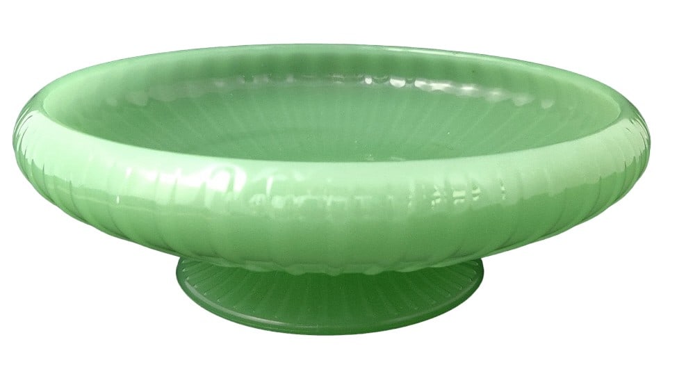 Green Glass Jadeite Pedestal Dish: Measures 9 3/4" W x 3 1/8" H x 9 3/4" D. Weighs 2.5 lbs.