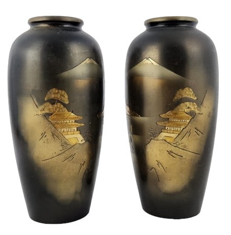 2 Dark Brown Japanese Scene Mixed Metal Vases: The largest vase measures 3 3/8" W x 7 1/4" H x 3 3/8" D. Weighs 2,25 lbs total.