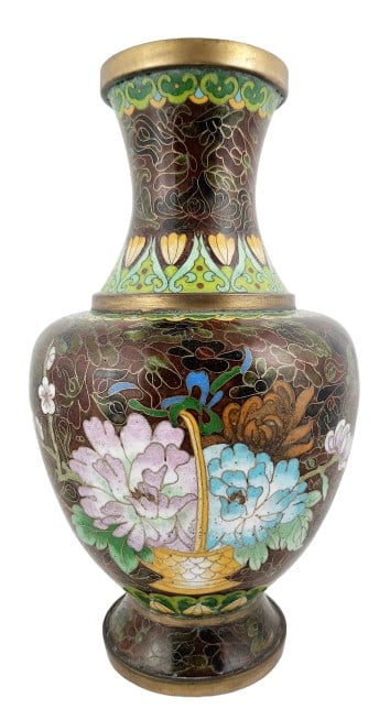 Brown & Floral Vintage Cloisonne 12" Vase: Measures 6 7/8" W x 12 1/8" H x 6 7/8" D. Weighs 3.5 lbs.