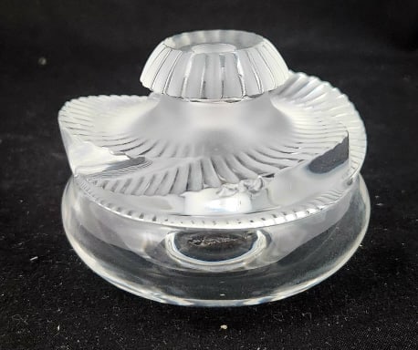 Lalique France Baptiste Bottle: The bottle is 2 3/4" W x 2 1/2" H x 2 3/4" D. The box is 5 1/4" W x 3 1/4" H x 5 1/4" D. Weighs 1 lb.