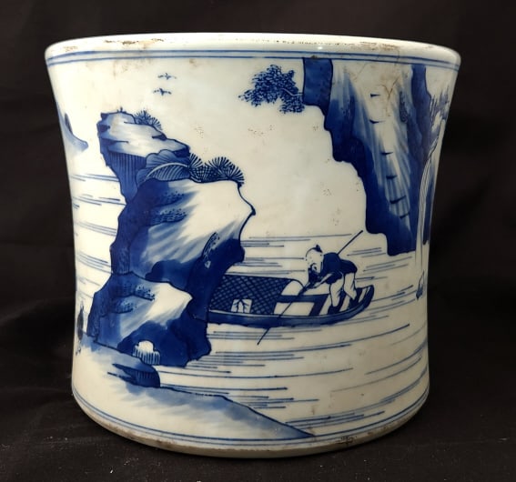 Chinese Blue & White Landscape Brush Pot: Measures 6 1/2" W x 7 3/4" x 6 1/2" D. Weighs 5.5 LBS.