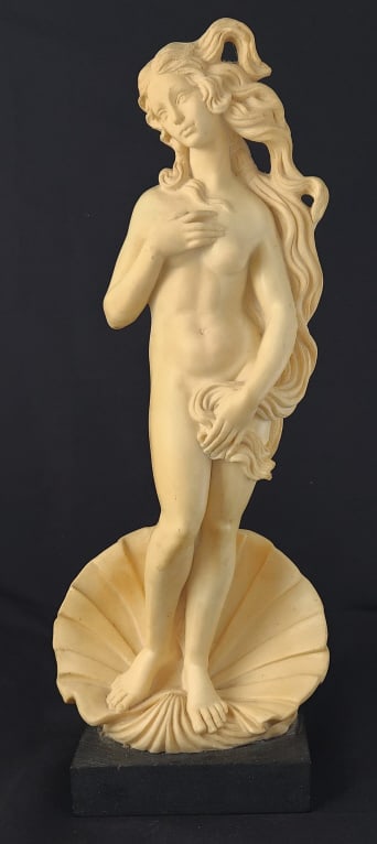 Vintage Venus A. Santini Sculpture: Vintage Italian alabaster or resin sculpture of Venus by A. Santini. Measures 6 3/4" W x 17" H x 4 1/2" D. Weighs 5.75 lbs.