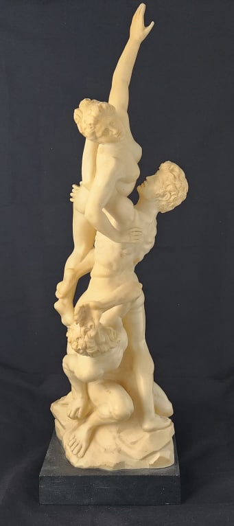 A, Santini Sabine Woman Sculpture: Vintage Italian alabaster or resin sculpture by A. Santini. Measures 6" W x 19 1/2" H x 6 1/4" D. Weighs 7.75 lbs
