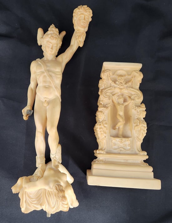 Perseus & Medusa A. Santini Sculpture: Italian alabaster or resin sculpture of "Perseus with the Head of Medusa". Measures 5 1/2" W x 20 3/4" H x 4 1/8" D. Weighs 5.25 lbs.