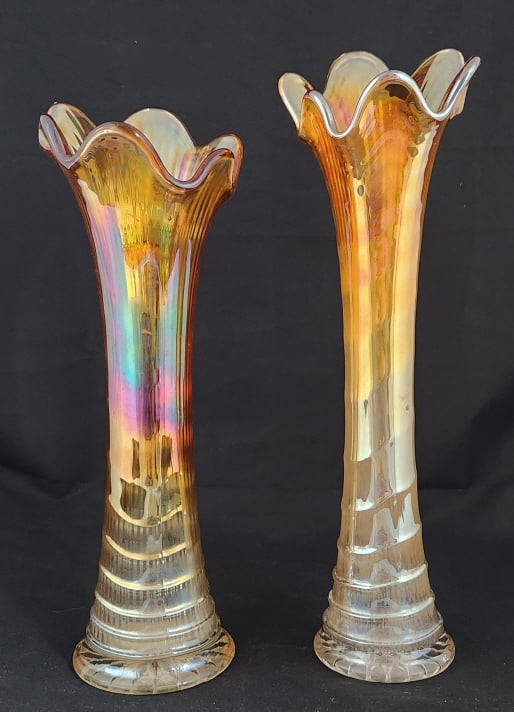 2 Imperial Marigold Carnival Ripple Glass Vases: - Taller 3 3/4" W x 12 3/4" H x 5" D. Shorter 5 1/4" W x 11 5/8" H x 4" D. Weighs 2.5 lbs.