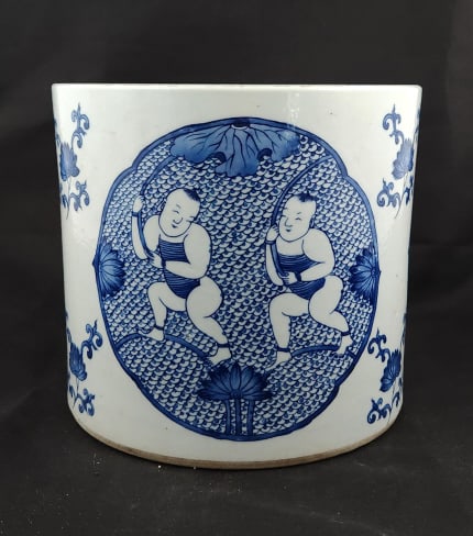 Chinese Twin Baby Ceramic Blue & White Brush Pot (1 of 5)