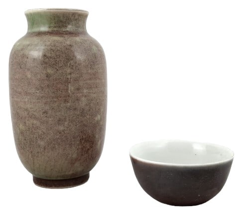 Asian Brown Glaze Ceramic Vase & Cup: See the photos provided for condition and size details. The vase measures 3 3/8" W x 6" H x 3 3/8" D. Weighs 1.1 lbs. total.