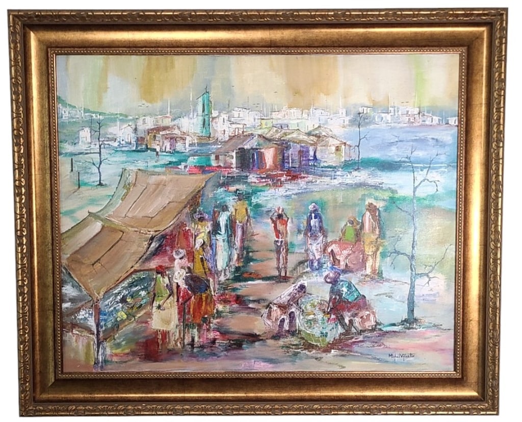 Michel Valestin Haitian Scene Oil Canvas Painting: Michel Valestin (Haitian, 20th C.) larger oil on canvas painting measures 32" x 24" in a 36" x 30 1/4" x 2" gallery frame. Weighs 14.75 lbs. Signature bottom right.