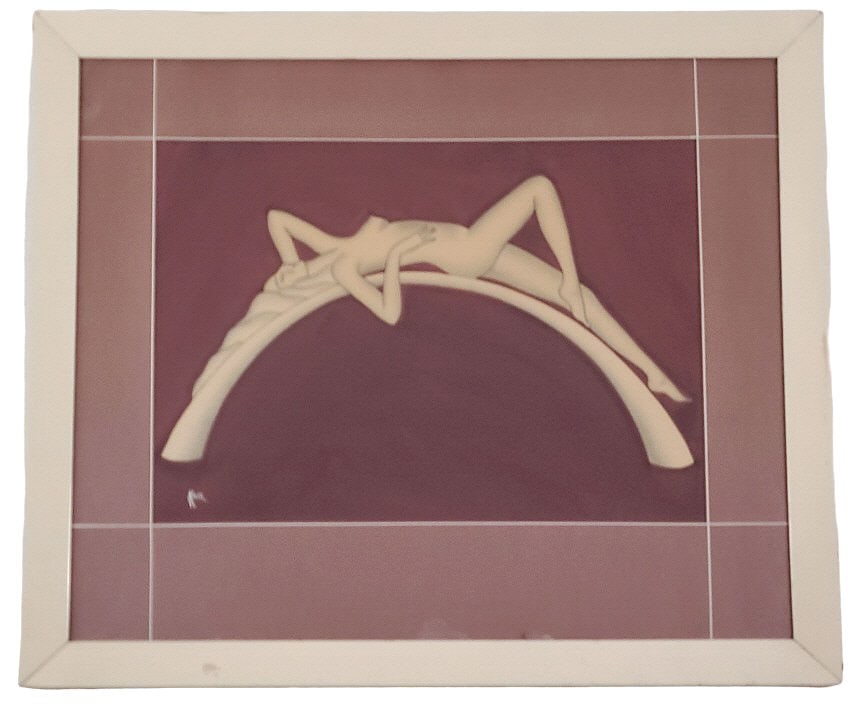 Gustave Kaitz Art Deco Woman Gouache on Paper: Gouache on paper with airbrush by American artist Gustave Kaitz. The frame measures 26 5/8" W x 22 5/8" H x 7/8" D. Weighs 7 lbs. Some wear to the frame, and there appears to be some minor discolorati