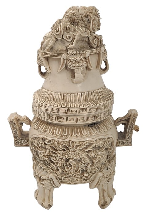 Vintage Chinese Carved Bone Incense Burner: 2.5 lbs, 9 1/2" x 5" x 6 1/2". Some condition issues involving material loss. Please see photos for evaluation. Ships for less than $50 anywhere in the Continental United States.