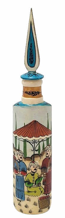 Turkish Hand Painted Perfume Bottle: Dauber has been repaired. Weighs less than 1 lb, 7" tall and 2" wide. Ships for less than $50 anywhere in the Continental United States.