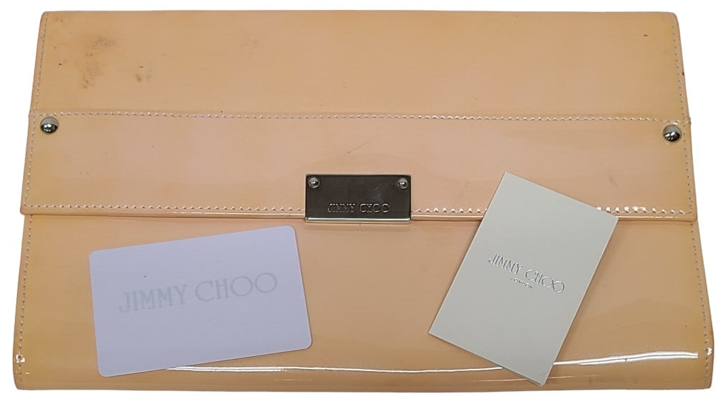Jimmy Choo Patent Leather Clutch: This purse does have the Jimmy Choo tag that matches the Certificate of Authenticity card on the inside. Purse has condition issues, a good piece for anyone who can clean up and restore the clutch. *W