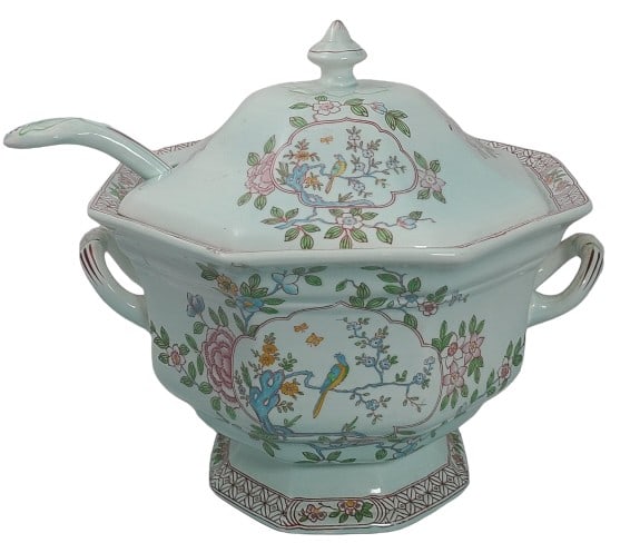 Adams Singapore Bird Soup Tureen with Ladle: Such a beautiful tureen! 10 1/2" x 10 1/2" x 11", weighs 6 LBs. Does not include the tray for underneath. Ships for less than $50 anywhere in the Continental United States.