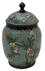 7.5" Chinese Cloisonne Green Floral Ginger Jar
