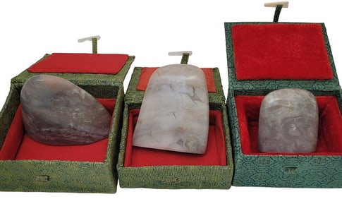 3 Chinese Shoushan Seal Stones with Boxes