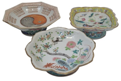 3 Chinese Porcelain Small Footed Pedestal Bowls