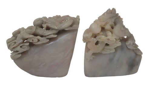 2 Chinese Shoushan Stone Stamp with Dragon Carving
