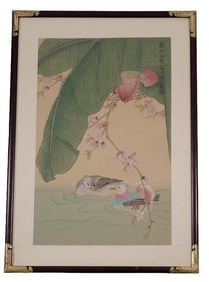 Chinese Two Ducks & Lotus Silk Art