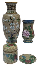 4 Tan Cloisonne Vases, Trinket Tray and Container