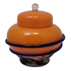 Hand Blown 5" Art Glass Orange & Blue Lidded Jar