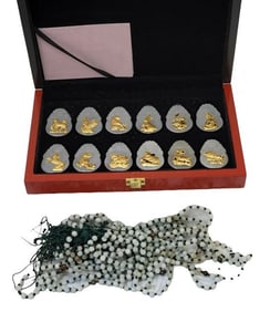 Set of 12 Zodiac Jade w/ Gold Overlay Pendant Set