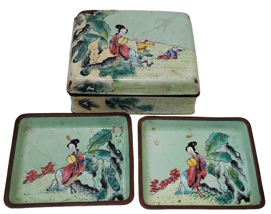 Vintage Cloisonne Trinket Box with 2 Trinket Trays: Some damage due to use and age. Please use photos for further evaluation.
