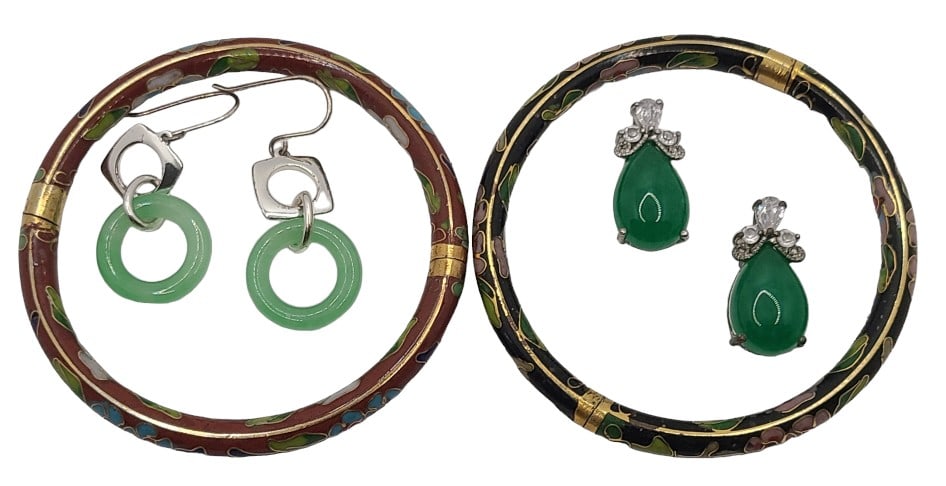 Sterling and Jade Earrings & Cloisonne Bracelets: Please see photos for measurement and further details.
