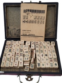 Vintage Bone Mahjong Game with Carrying Case