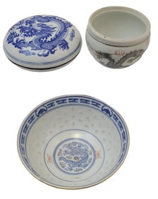 3 Asian Porcelain Dragon Bowl, Pot & Trinket Box