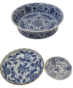 3 Chinese Blue & White Porcelain Trays